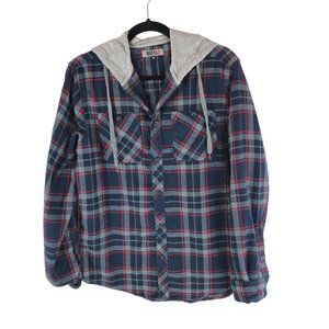 Rivet61 Mens Flannel Shirt Hooded Button Down Plaid Pockets Drawstring Blue S